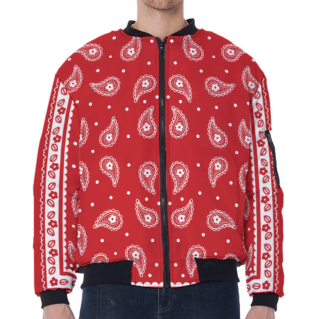 Red And White Paisley Bandana Print Zip Sleeve Bomber Jacket
