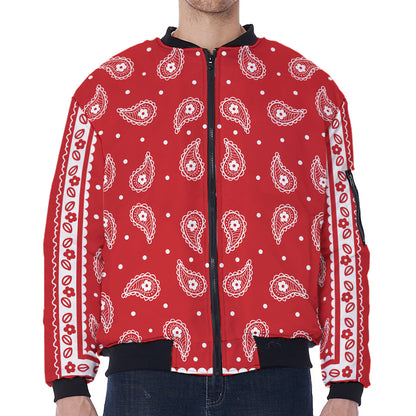 Red And White Paisley Bandana Print Zip Sleeve Bomber Jacket