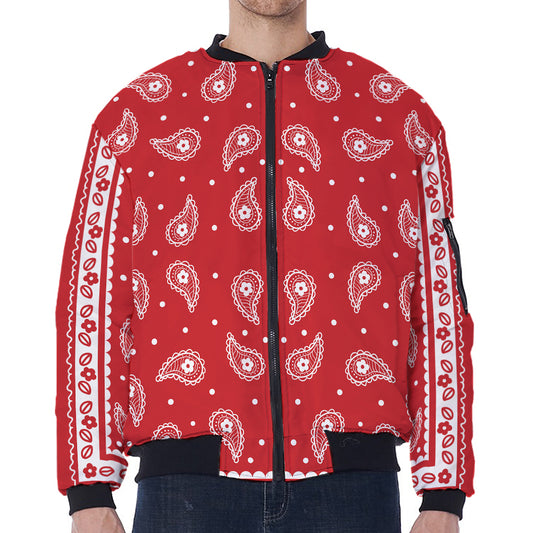 Red And White Paisley Bandana Print Zip Sleeve Bomber Jacket