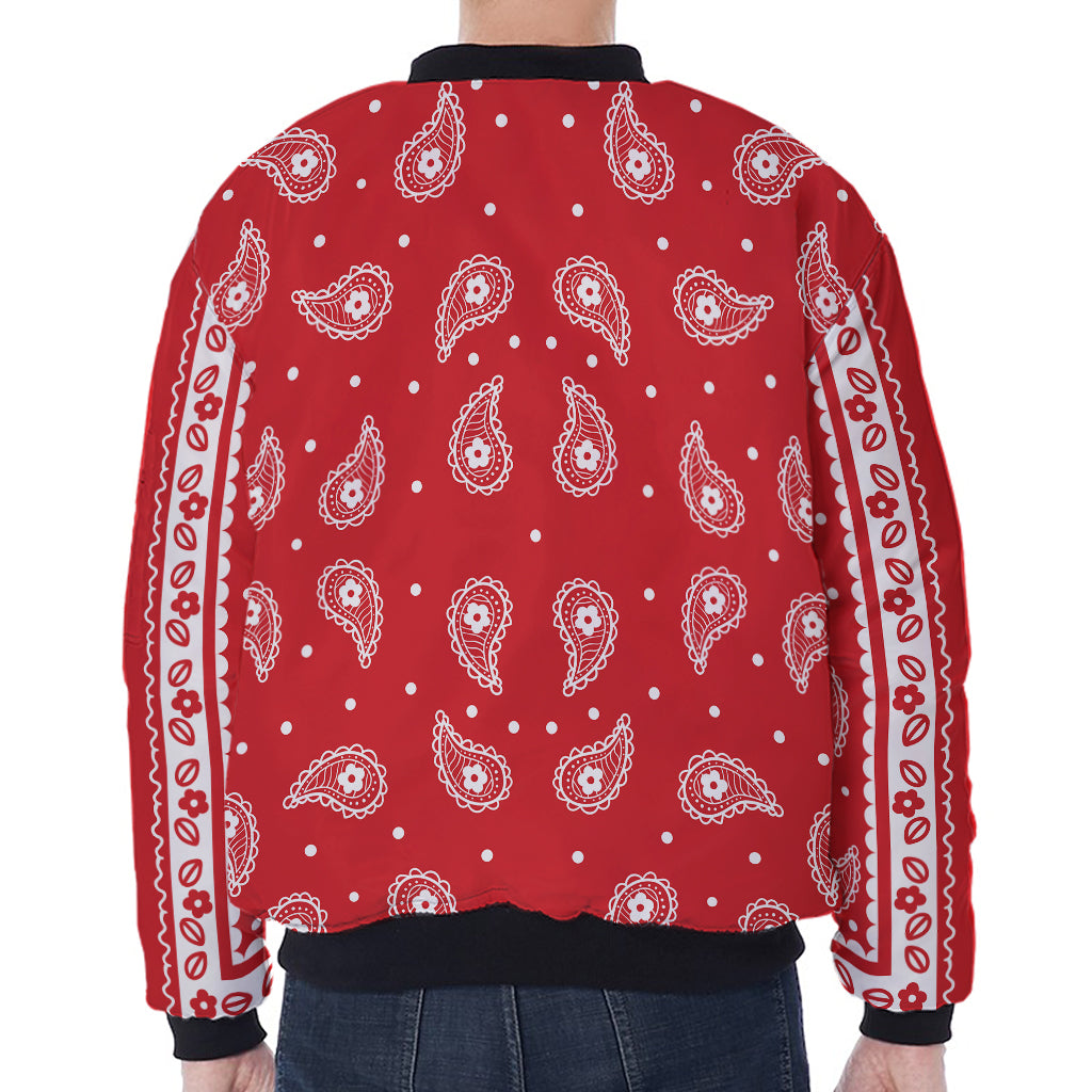 Red And White Paisley Bandana Print Zip Sleeve Bomber Jacket