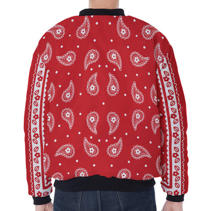 Red And White Paisley Bandana Print Zip Sleeve Bomber Jacket