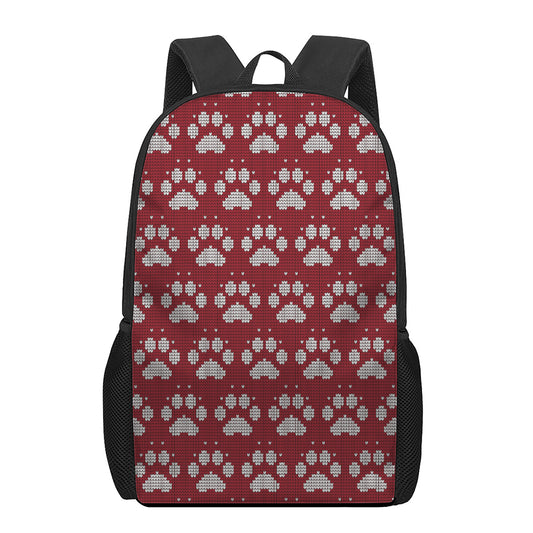 Red And White Paw Knitted Pattern Print 17 Inch Backpack