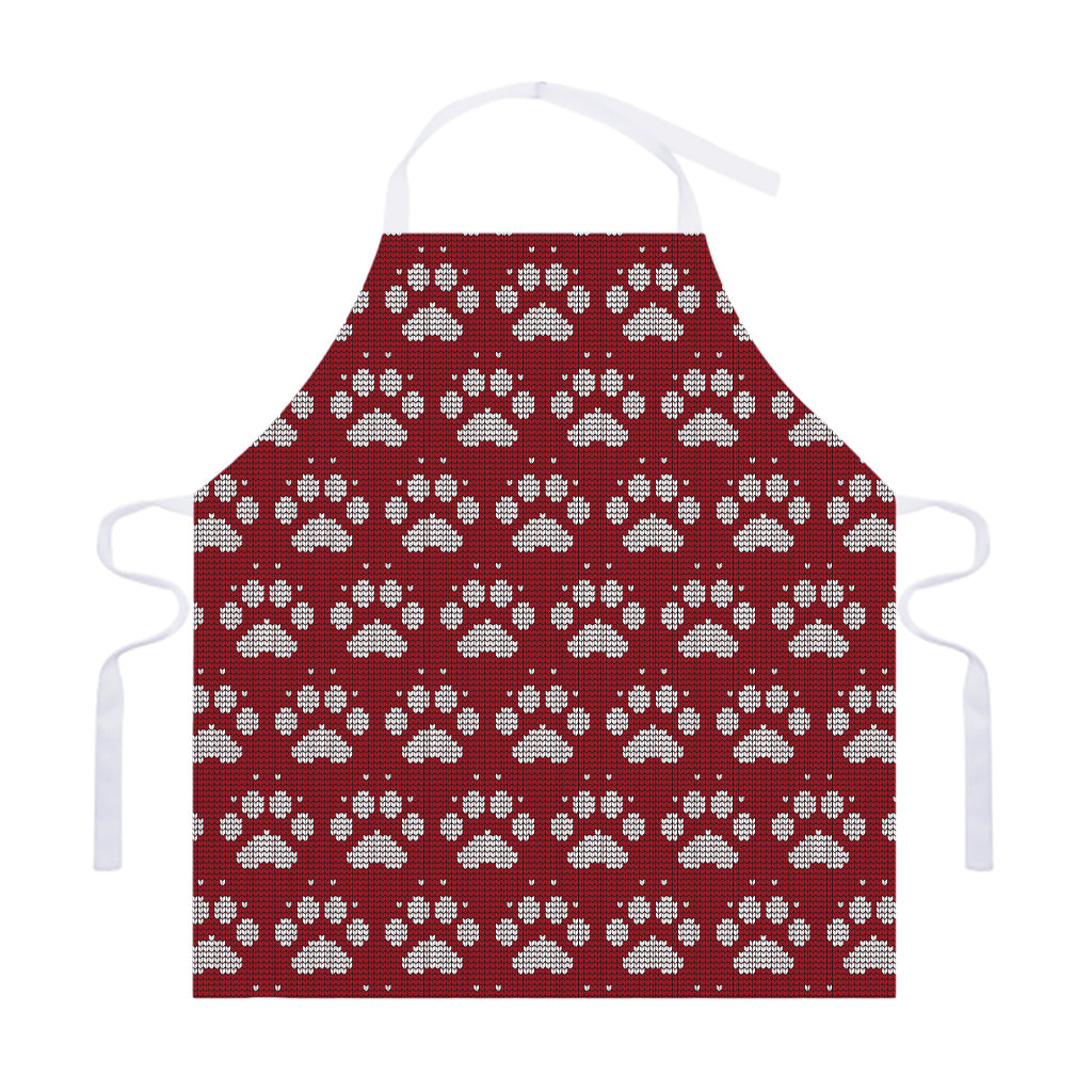 Red And White Paw Knitted Pattern Print Adjustable Apron