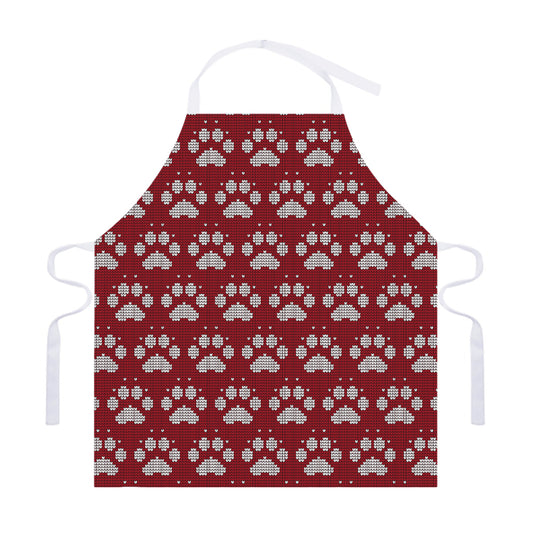 Red And White Paw Knitted Pattern Print Adjustable Apron