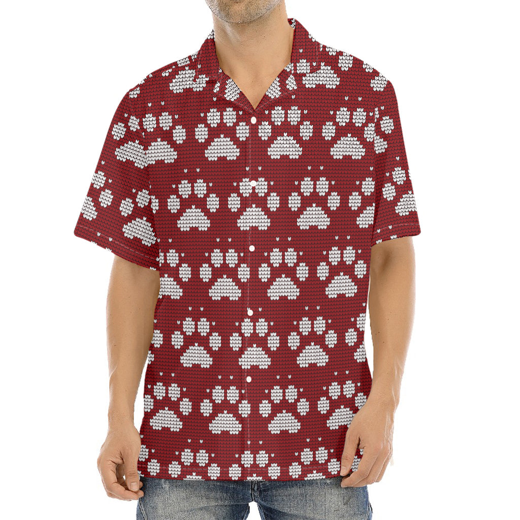 Red And White Paw Knitted Pattern Print Aloha Shirt