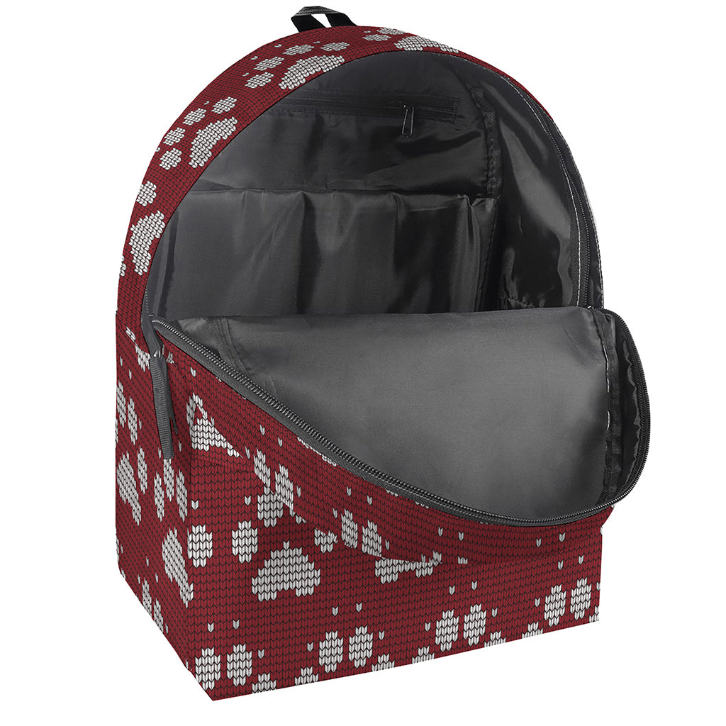 Red And White Paw Knitted Pattern Print Backpack