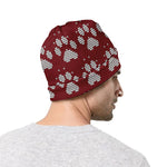 Red And White Paw Knitted Pattern Print Beanie