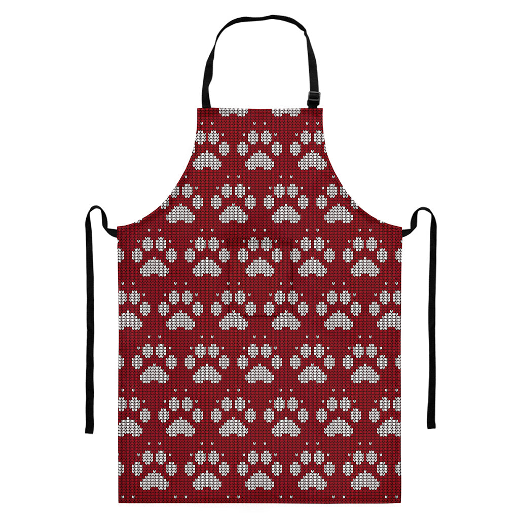 Red And White Paw Knitted Pattern Print Bib Apron With Pocket