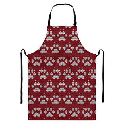 Red And White Paw Knitted Pattern Print Bib Apron With Pocket
