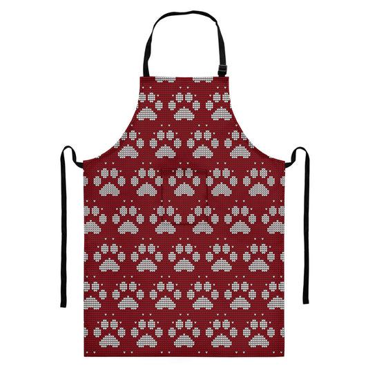 Red And White Paw Knitted Pattern Print Bib Apron With Pocket