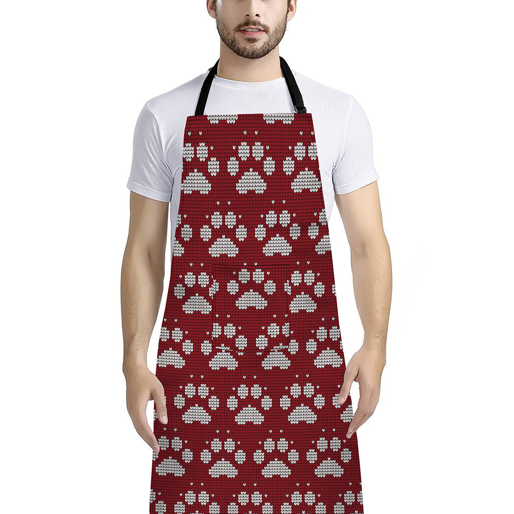 Red And White Paw Knitted Pattern Print Bib Apron With Pocket