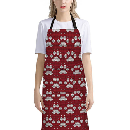 Red And White Paw Knitted Pattern Print Bib Apron With Pocket