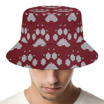 Red And White Paw Knitted Pattern Print Bucket Hat