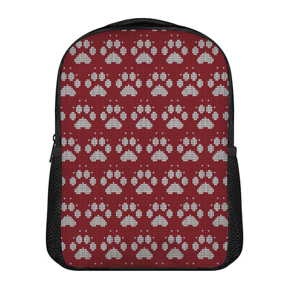 Red And White Paw Knitted Pattern Print Casual Backpack