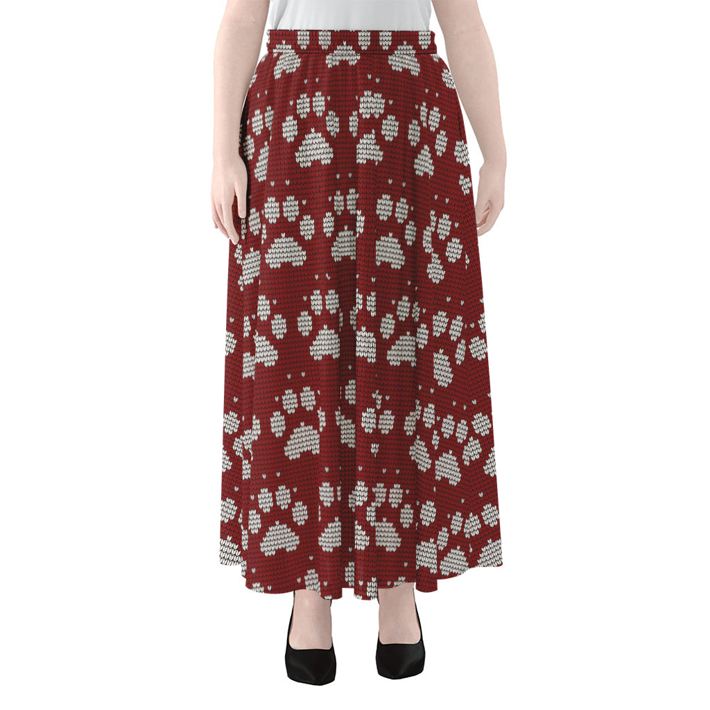 Red And White Paw Knitted Pattern Print Chiffon Maxi Skirt