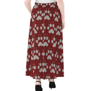 Red And White Paw Knitted Pattern Print Chiffon Maxi Skirt