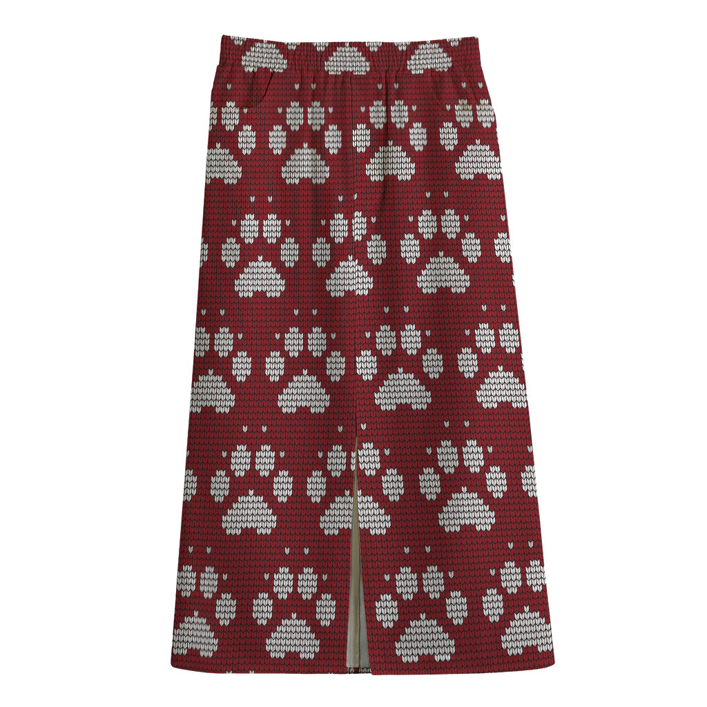 Red And White Paw Knitted Pattern Print Cotton Front Slit Maxi Skirt