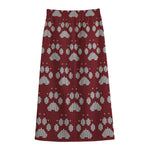 Red And White Paw Knitted Pattern Print Cotton Front Slit Maxi Skirt