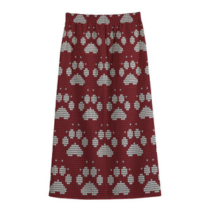 Red And White Paw Knitted Pattern Print Cotton Front Slit Maxi Skirt