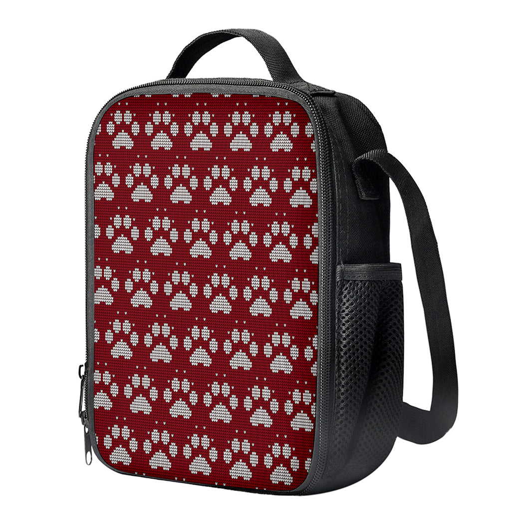 Red And White Paw Knitted Pattern Print Crossbody Lunch Bag