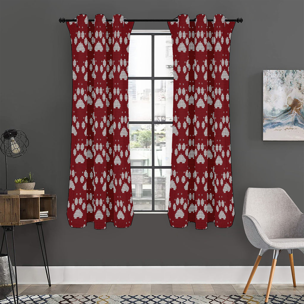 Red And White Paw Knitted Pattern Print Curtain