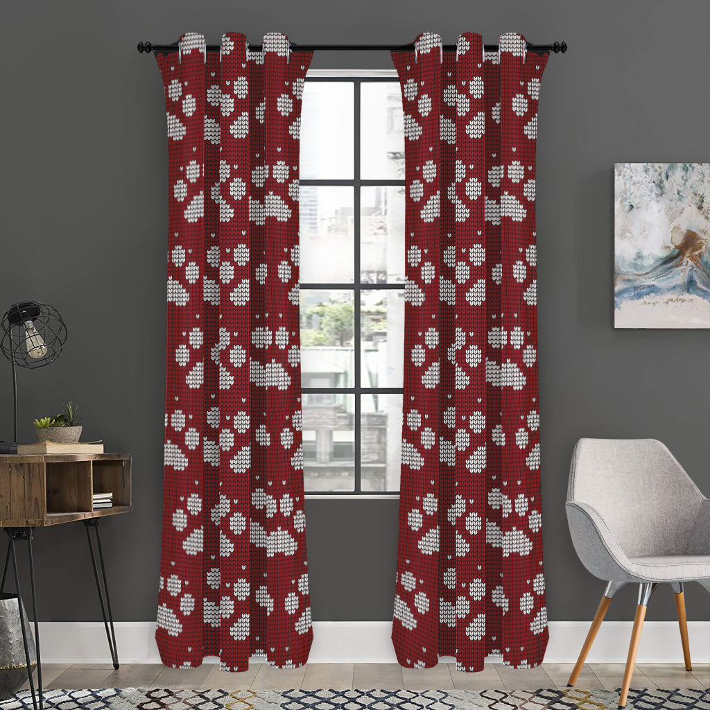 Red And White Paw Knitted Pattern Print Curtain