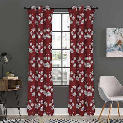 Red And White Paw Knitted Pattern Print Curtain
