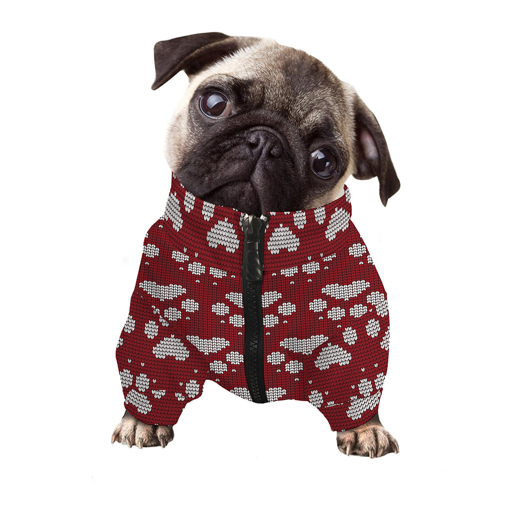 Red And White Paw Knitted Pattern Print Dog Zip Up Jacket