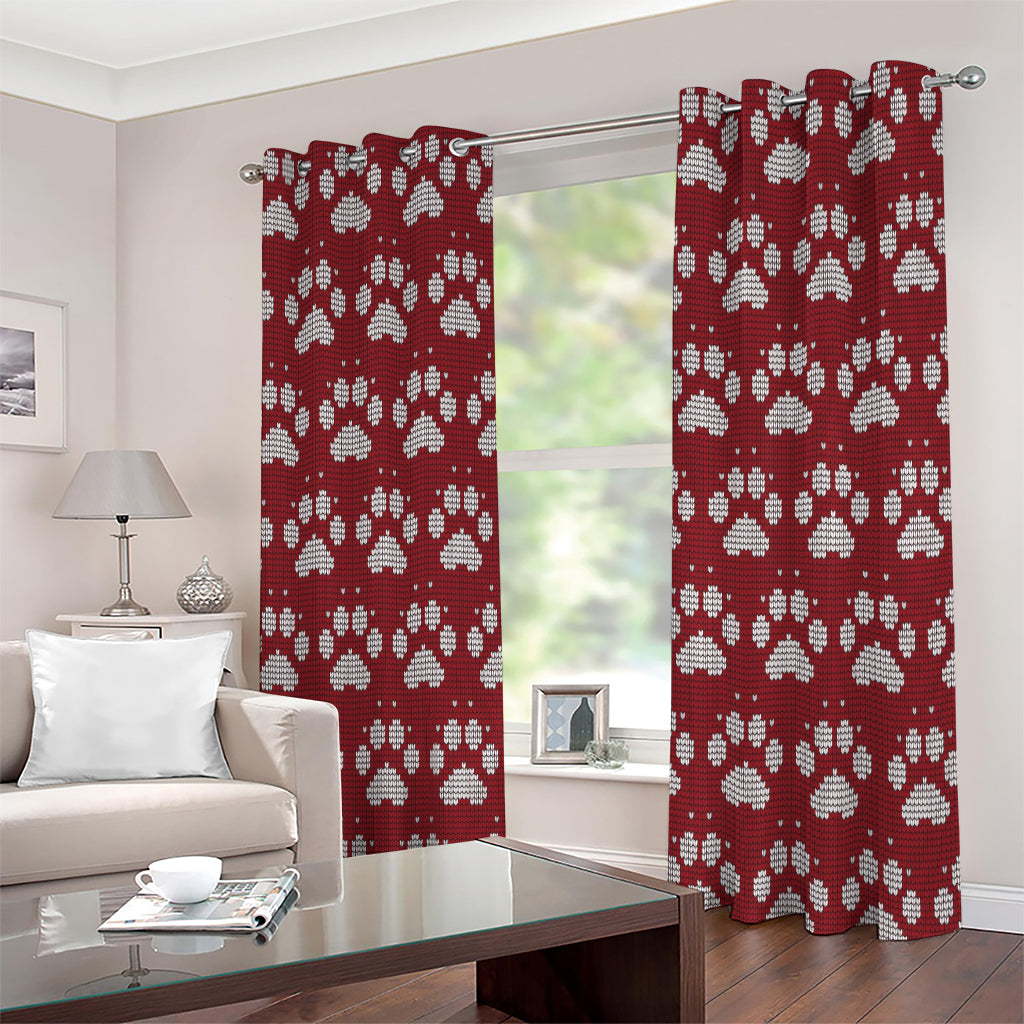 Red And White Paw Knitted Pattern Print Extra Wide Grommet Curtains