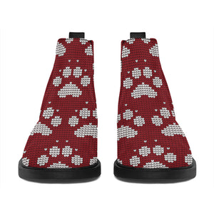 Red And White Paw Knitted Pattern Print Flat Ankle Boots