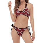 Red And White Paw Knitted Pattern Print Halter Scoop Tie Side Bikini