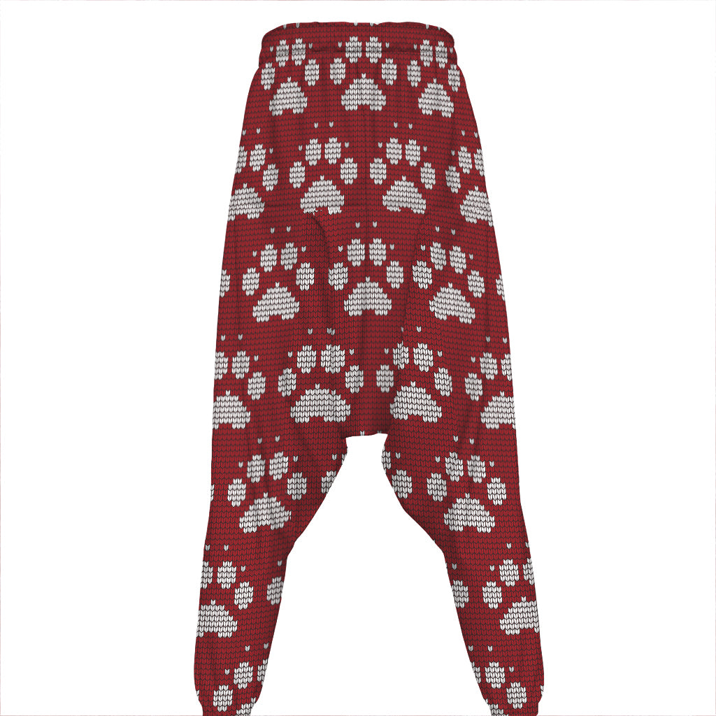 Red And White Paw Knitted Pattern Print Hammer Pants