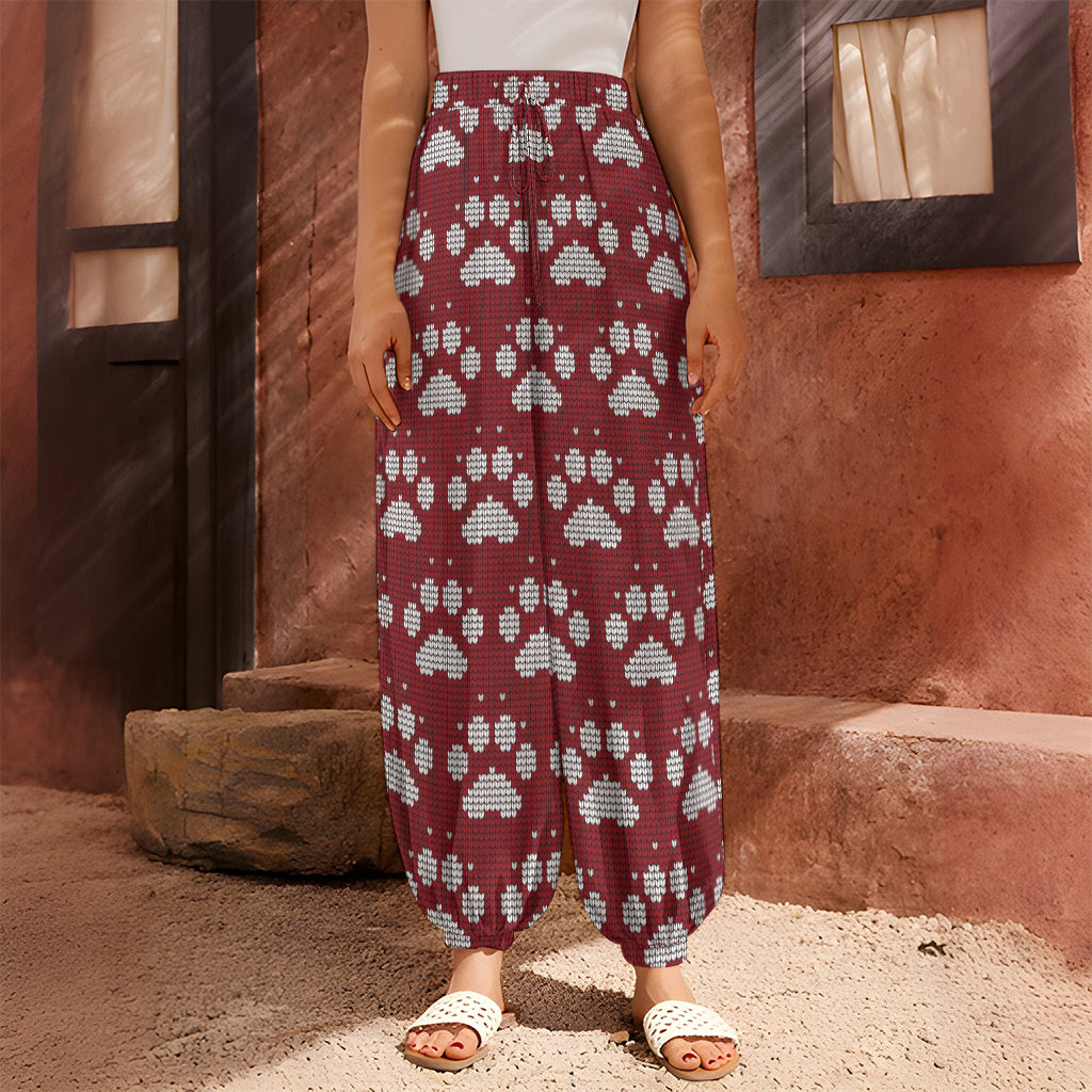 Red And White Paw Knitted Pattern Print Harem Pants