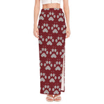 Red And White Paw Knitted Pattern Print High Slit Maxi Skirt