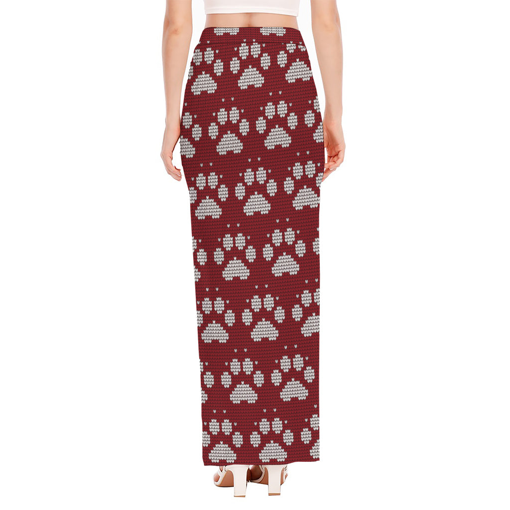 Red And White Paw Knitted Pattern Print High Slit Maxi Skirt