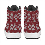 Red And White Paw Knitted Pattern Print High Top Leather Sneakers
