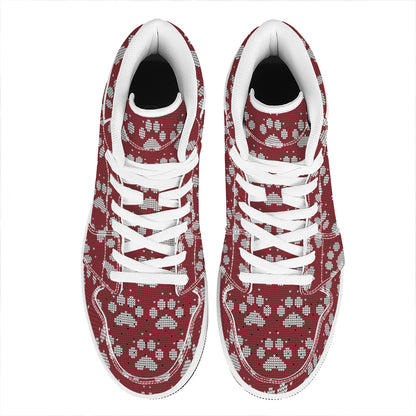 Red And White Paw Knitted Pattern Print High Top Leather Sneakers