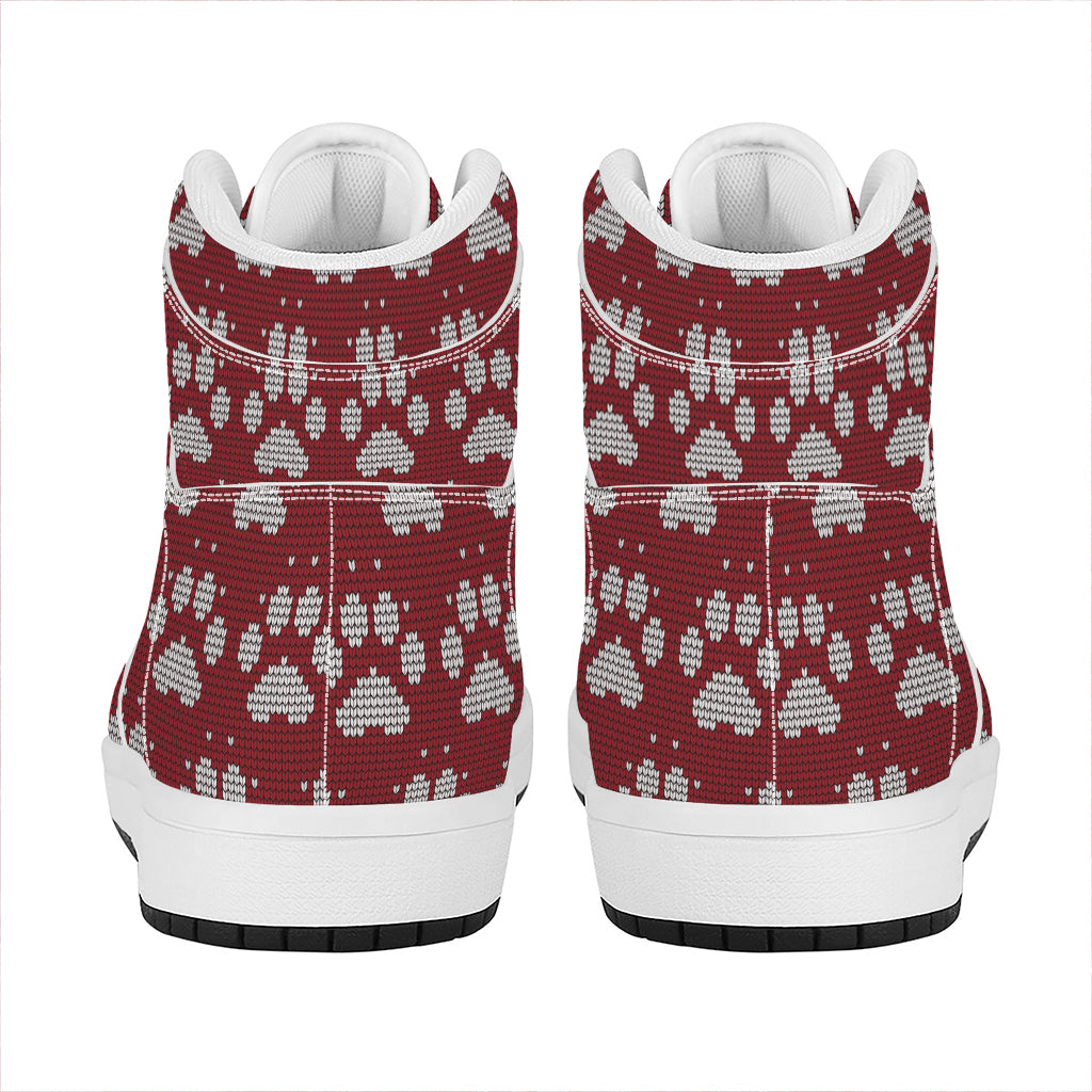 Red And White Paw Knitted Pattern Print High Top Leather Sneakers