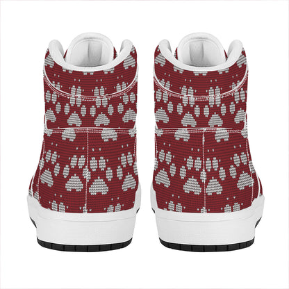 Red And White Paw Knitted Pattern Print High Top Leather Sneakers