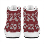 Red And White Paw Knitted Pattern Print High Top Leather Sneakers