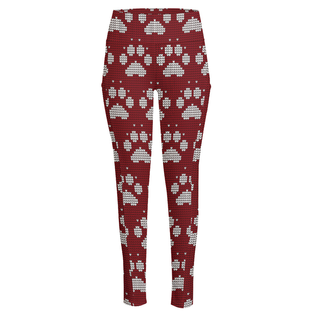 Red And White Paw Knitted Pattern Print High-Waisted Pocket Leggings