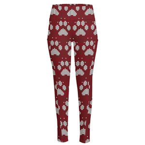 Red And White Paw Knitted Pattern Print High-Waisted Pocket Leggings