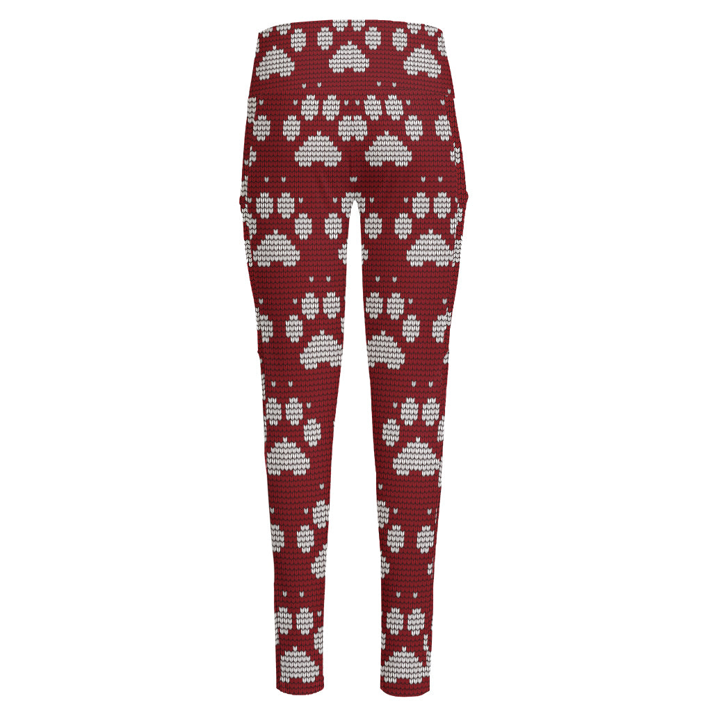 Red And White Paw Knitted Pattern Print High-Waisted Pocket Leggings