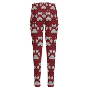 Red And White Paw Knitted Pattern Print High-Waisted Pocket Leggings