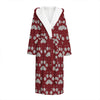 Red And White Paw Knitted Pattern Print Hooded Bathrobe