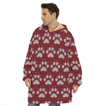 Red And White Paw Knitted Pattern Print Hoodie Blanket