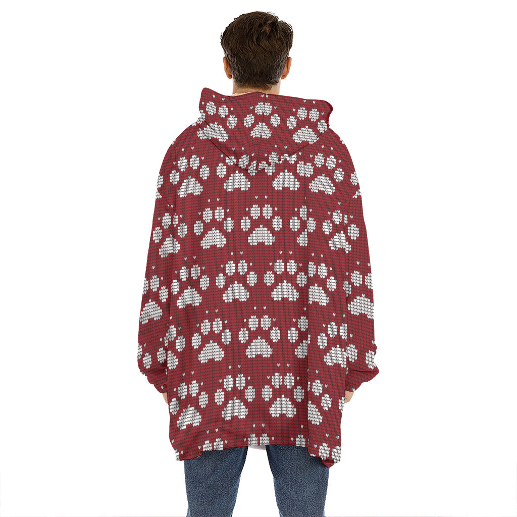 Red And White Paw Knitted Pattern Print Hoodie Blanket