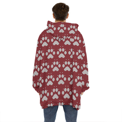 Red And White Paw Knitted Pattern Print Hoodie Blanket