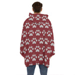 Red And White Paw Knitted Pattern Print Hoodie Blanket