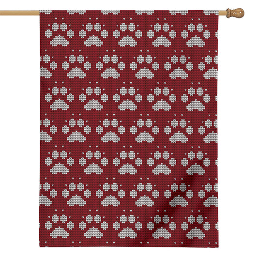 Red And White Paw Knitted Pattern Print House Flag